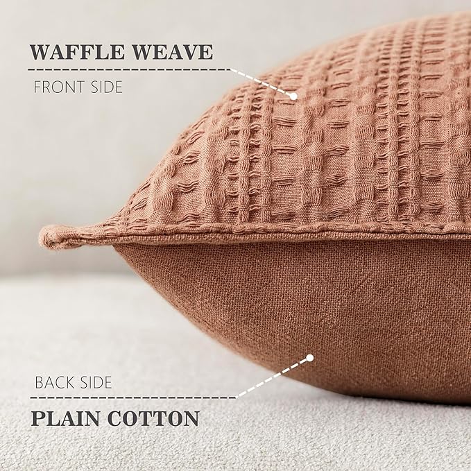 Foindtower Set of 2 Decorative Cotton Waffle Weave Lumbar Throw Pillow Covers Euro Shams Cushion Covers Accent European Pillowcase for Bed Couch Bedroom Living Room Home Decor 12×20 Inch Coral Pink