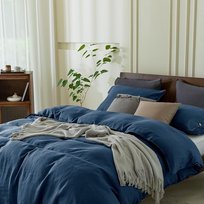 EVERLY100% Pure Linen Duvet Cover Set Queen Size90X90Inch 3pcs (1 Duvet Cover,2 Pillowcases) Soft and Breathable for All Season with Coconut Button Closure, Suitable for Hot Sleepers-Navy Blue