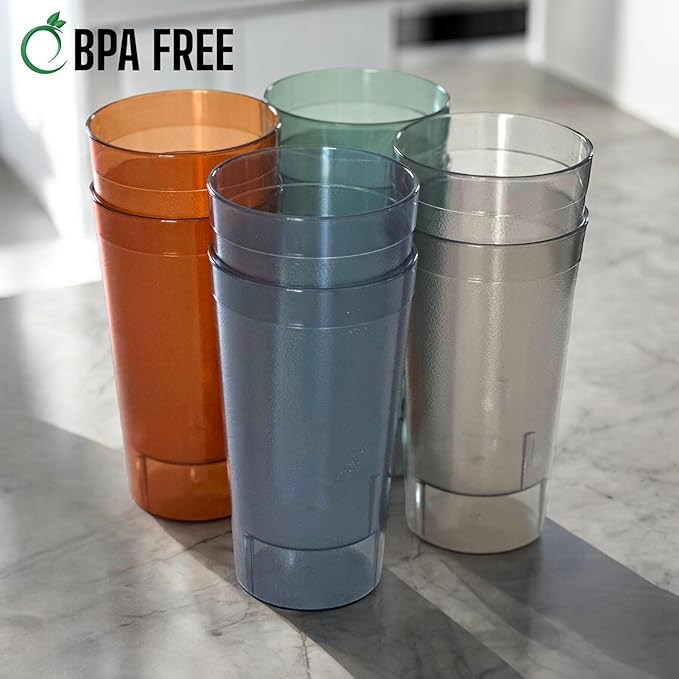 Oojami Set of 8 Plastic Tumblers, 20-Ounce Reusable Cups, BPA-Free & Shatterproof, Stackable Restaurant-Style Drinking Glasses for Water, Juice, and Everyday Use, Dishwasher Safe 20 oz
