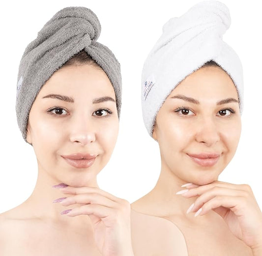 American Soft Linen 100% Cotton Hair Towels for Women, Head Towel Cap, Cotton Hair Turban Towel Wrap for Hair, Soft and Absorbent Cotton Hair Towels 2 Pack, White-Light Gray