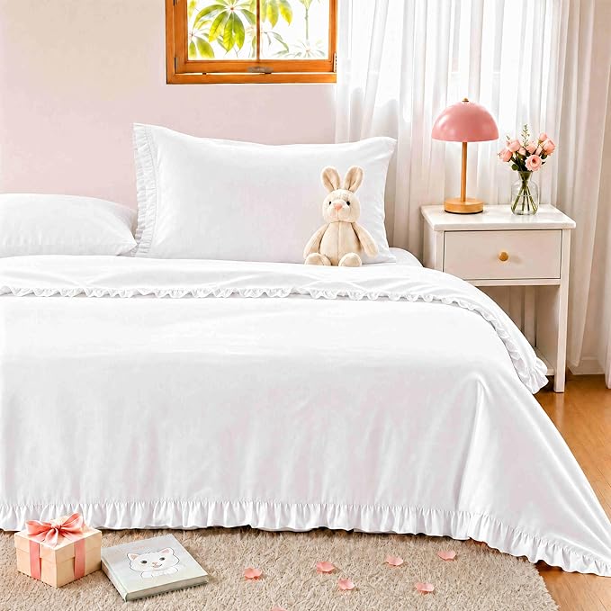 Simple&Opulence 100% Cotton Sheet Set Ruffle- 4Pcs (1 Flat Sheet 1 Fitted Sheet 2 Pillowcases) Bed Sheets Soft French Country Shabby Chic Vintage Bedding Set Aesthetic Farmhouse (White, Full)