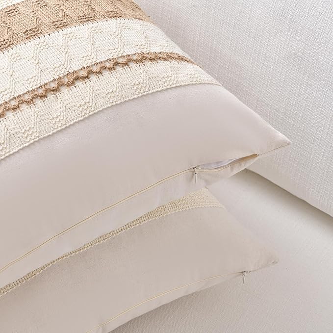 Fancy Homi Set of 2 Boho Neutral Lumbar Decorative Throw Pillow Cover 12x20 Inch for Couch Bed Sofa Chair, Modern Organic Farmhouse Home Decor, Soft Cotton Cute Accent Tan Rectangle Cushion Case