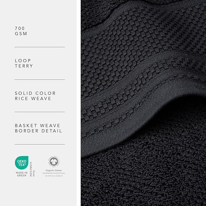 Texere 100% Organic Cotton Rice Weave Jacquard 700 GSM Luxury Bath Towel Sets - Spa Quality Bath Towels, Hand Towels, Washcloths (Rice Weave, Black, 6 Piece)