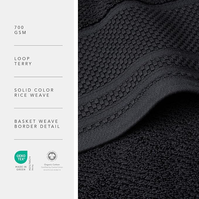 Texere 100% Organic Cotton Rice Weave Jacquard 700 GSM Luxury Bath Towel Sets - Ultra Soft and Absorbent Hotel and Spa Quality (Rice Weave, Black, 4 Bath Towels)