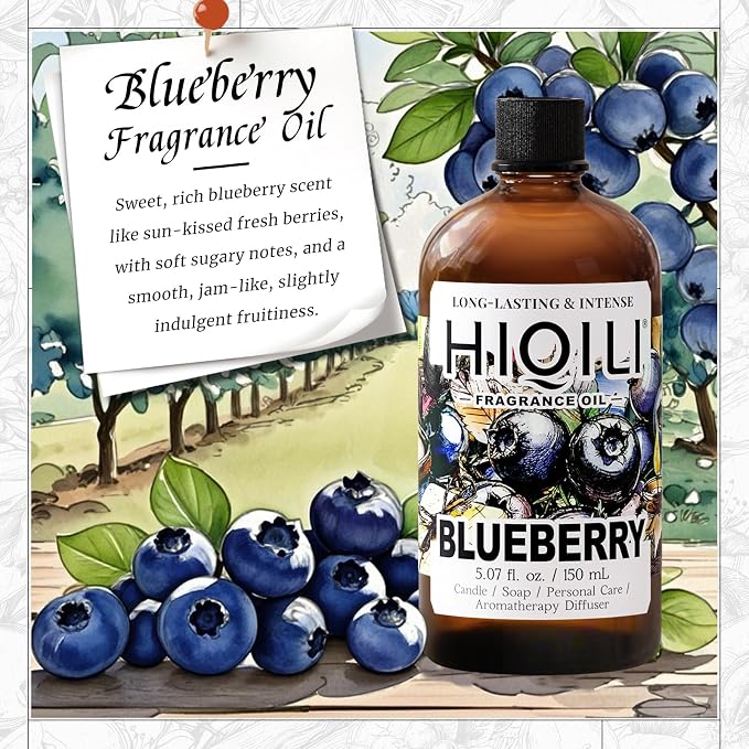 HIQILI Blueberry Fragranc Oil for Soap & Candle Making Supplies - 5.07Fl Oz | Fruity Scents for Reed Diffuser Oil Refill, Add to Lotion, Body Wash, Bath Bombs - 150 ML