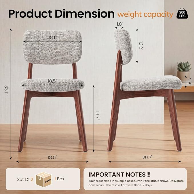 COLAMY Dining Chairs Set of 2, Mid Century Modern Upholstered Kitchen Chairs with Solid Red Oak Wood Legs, Textured Fabric Dining Room Accent Chairs for Small Spaces, 300 lbs Capacity,Walnut,Oatmeal