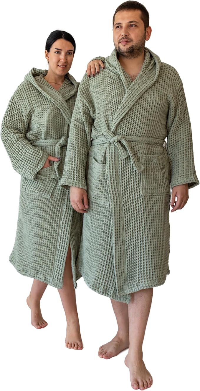 Unisex Hooded Waffle Robe for Women & Men 100% Turkish Cotton | Quick-Dry Bathrobe | Cozy Housecoat for Lounging