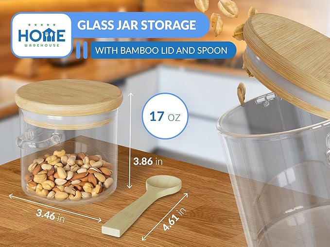 Home Warehouse - Borosilicate Glass Jar Storage with Bamboo Lid and Spoon | Easy to Clean | Premium Kitchen Organization Solutions | 500ml | 17 oz