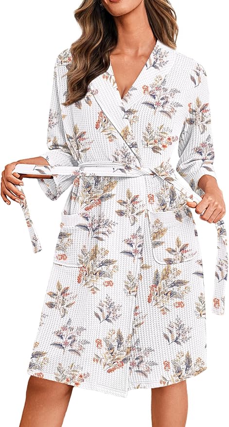 Ekouaer Robes for Women Waffle Knit Bathrobe Lightweight Kimono Robe Knee Length Loungewear with Pockets