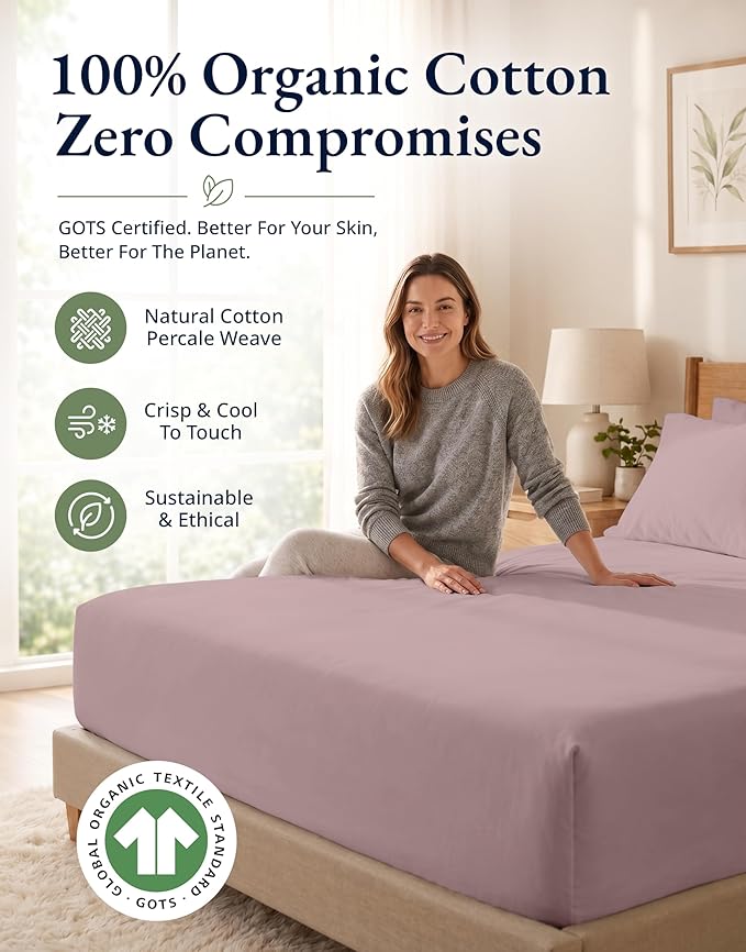 LANE LINEN 100% Organic Cotton Fitted Bed Sheets (+Pillowcase) 3 Pc Set Soft & Comfy Fully Elasticized Mercerized Cotton Deep Pocket Queen Fitted Sheet Fits Mattress Upto 15" Deep - Lilac