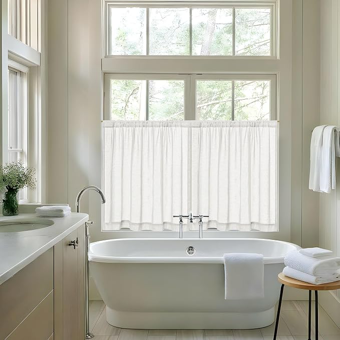 Off White Semi Sheer Linen Bathroom Curtains 36 Inch Long 2 Panels | Ivory, Curtain for Kitchen Laundry Over Sink, Privacy Assured with Light Through, Aesthetic, Rod Pocket Drapes, 25x36 Inches