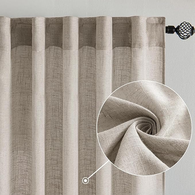 MIULEE Burlywood Birch Linen Curtains 90 Inch Long 2 Panels for Bedroom Living Room, Soft Linen Textured Window Drapes Semi Sheer Light Filtering Back Tab Rod Pocket Farmhouse Modern Burlap Look Decor