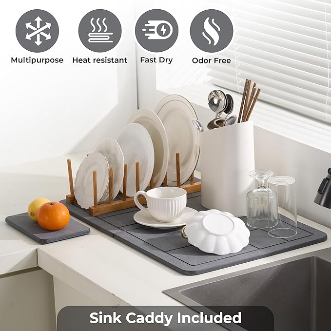 Large Stone Drying Mat for Kitchen Counter+Sink Caddy, 100% Natural Stone Dish Drying Mat, Quick Drying, Non-Toxic, BPA-Free, JIGSAW Drying Matt Kitchen Counter (Dark Gray 24"×16" & 8"x4")