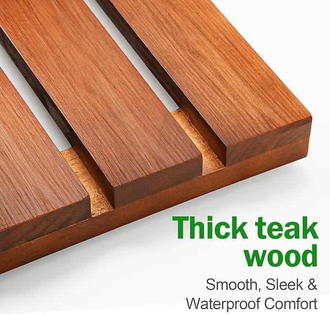 Teak Shower Mat, Foldable Wooden Shower Mat with Non-Slip Rubber Feet, Teak Bath Mat for Bathroom, Bathtub, Spa, Sauna, Pool, Indoor Outdoor Use, Water-Resistant Wood Floor Mat