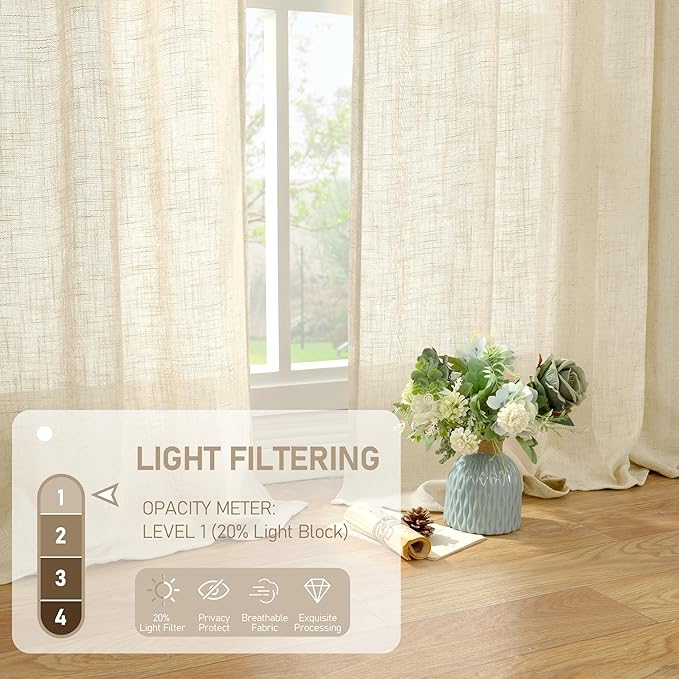 LAMIT Semi Sheer Beige Linen Curtains 72 inch Length, Light Filtering Panels Back Tab and Rod Pocket Neutral Drapes for Bedroom/Living Room, Beige, 2 Panels, 34 x 72 Inch
