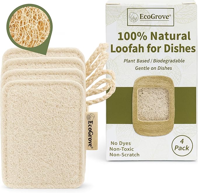 Natural Loofah Dish Sponges 4 Pack – 100% Plant-Based Luffa Scrubber for Dishes, Pots & Nonstick Pans – Compostable, Non-Scratch Kitchen Sponge for Sink, Tile & Everyday Cleaning