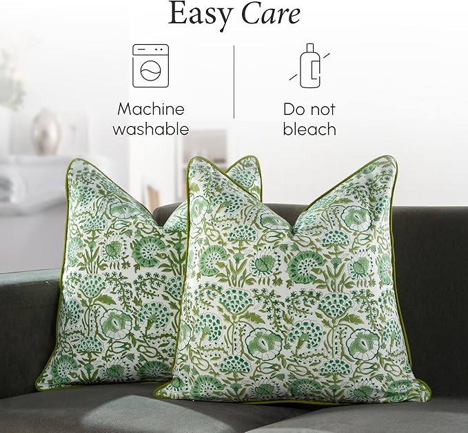 CPC 100% Cotton Throw Pillow Covers 20x20 Inch, Set of 2 Green Block Print Pattern Couch Pillow, Cute Boho Decorative Pillows for Living Room, Bedroom with Hidden Zipper- Agate Green
