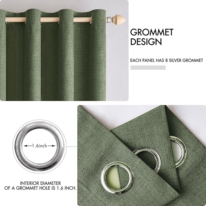 MIULEE 100% Blackout Linen Textured Curtains for Bedroom Solid Thermal Insulated Olive Green Grommet Room Darkening Curtains & Drapes Luxury Decor for Living Room Nursery 52 x 96 Inch (2 Panels)
