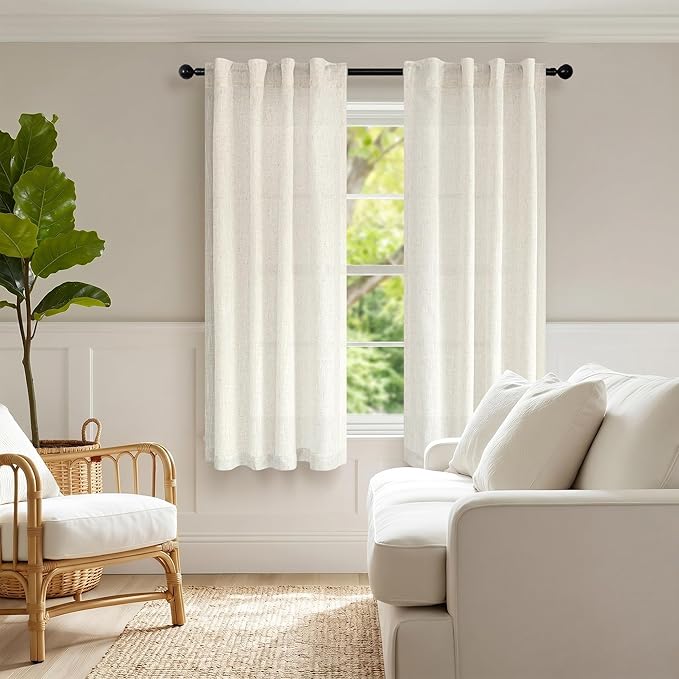 Pitalk 60 Inch Length Linen Curtains Cream Ivory Semi Sheer Light Filtering Panels Back Tab Rod Pocket Boho Modern Farmhouse Linen Drapes for Bedroom Living Room Window 2 Panels 34 x 60 Inches Long
