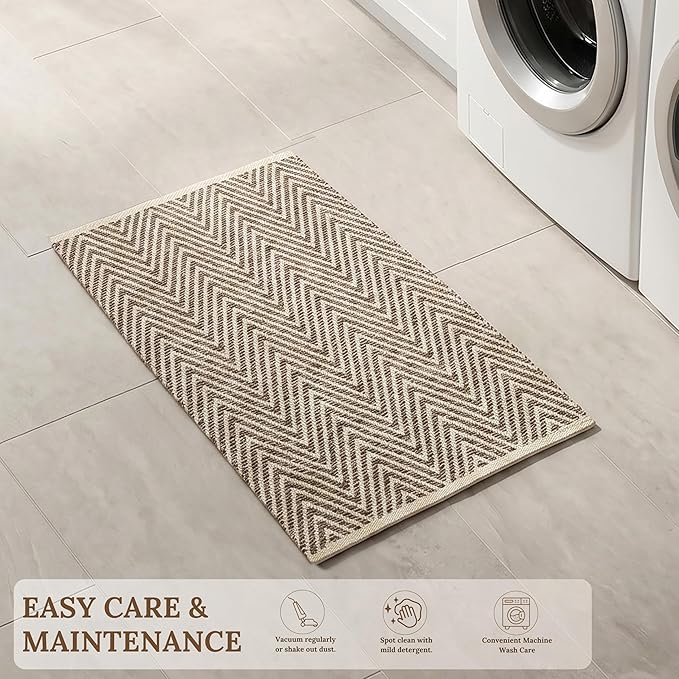 Cotton Chevron Hand Woven Area Rug 2x3 Feet - Beige, Farmhouse Decorative Floor Small Rugs Ideal for Entryway, Kitchen, Bedroom | Linen Washable Neutral Geomatric Reversible Front Door Patio Mats