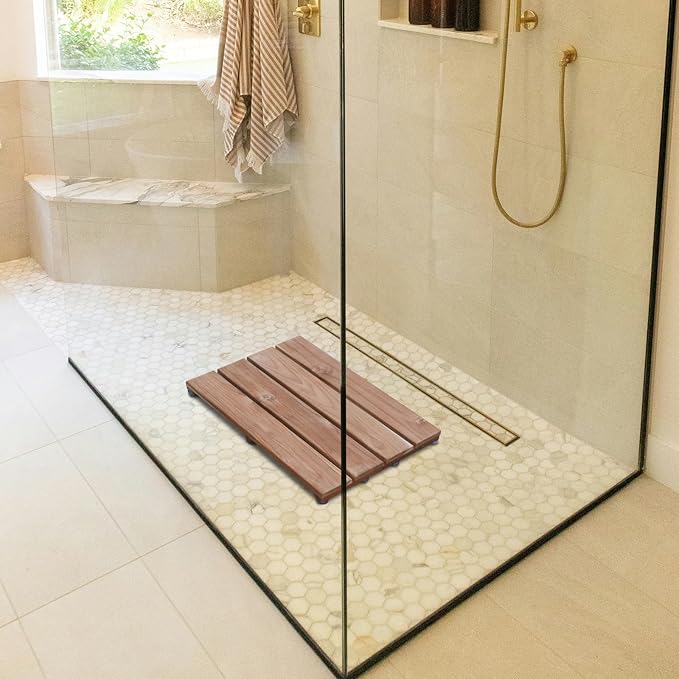 Teak Shower Mat, (24"x17") Wood Bath Mat for Bathroom, Heavy Outdoor Non-Slip Wooden Floor Mats for Spa or Sauna