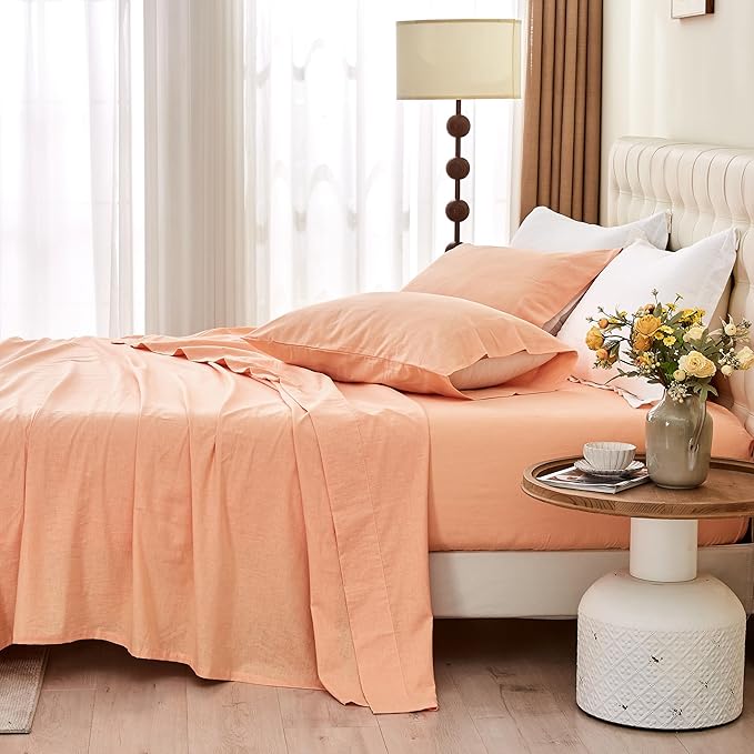BISELINA Linen Sheet French Flax Flat Sheet Only 55% Euro Linen 45% Cotton Basic Style Solid Color Soft Breathable Farmhouse Top Sheet 1-Piece (Full, Peach)