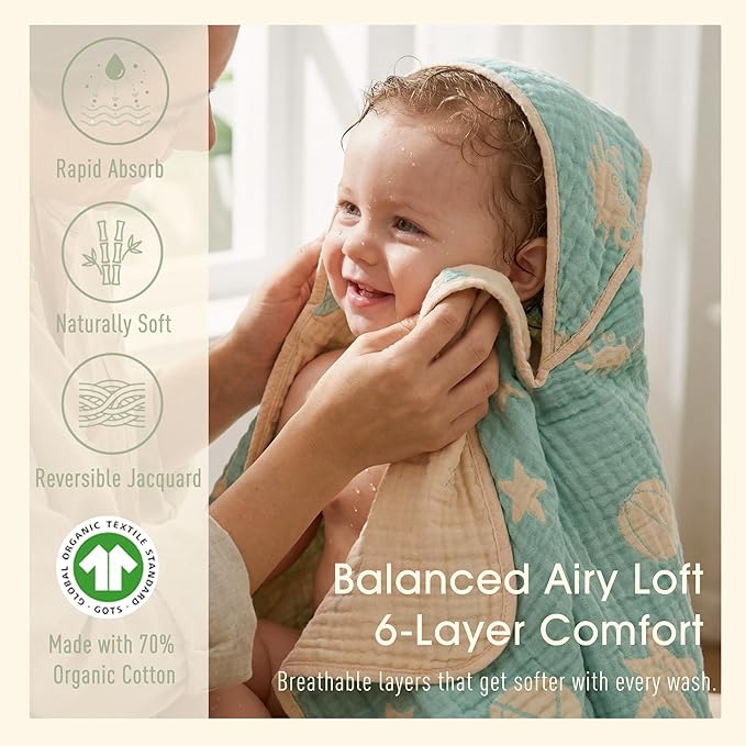 Ultra-Soft Muslin Baby Hooded Towel - 32 x 32 Inches, Ideal for Bath & Beach, Suitable for Both Boys & Girls from Newborns to Toddlers