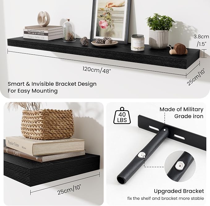 Fun Memories 10 Inch Deep Shelves, Floating Shelves for Wall 48 Inches Long, Wood Floating Shelves for Wall, Large Storage Shelves Wall Mount for Living Room Bedroom, Black, Set of 1