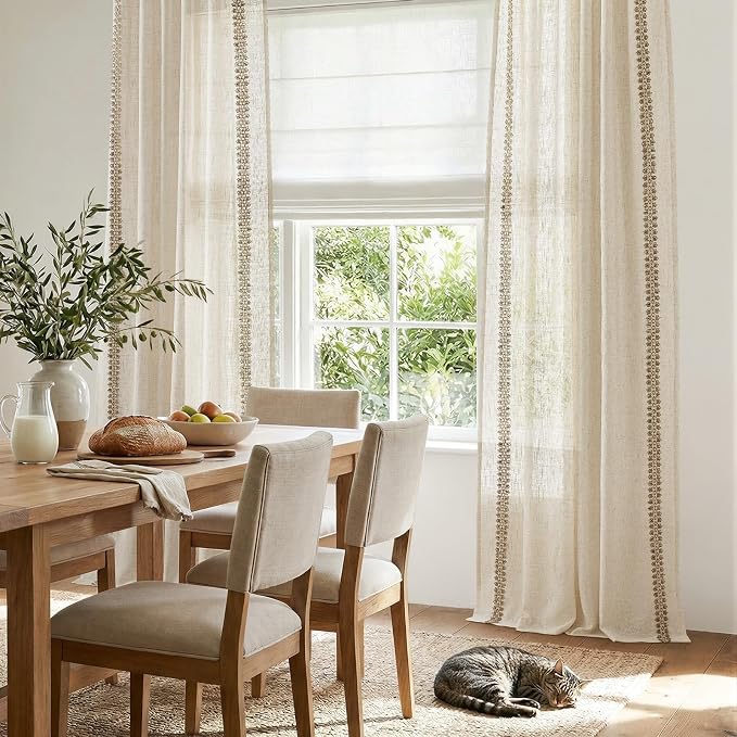 jinchan Beige Linen Blend Curtains with Woven Trim Boho Curtains 108 Inches Extra Long 2 Panels Living Room Bedroom Light Filtering 50 Inches Wide Rustic Farmhouse Drapes Rod Pocket Back Tab Ecru