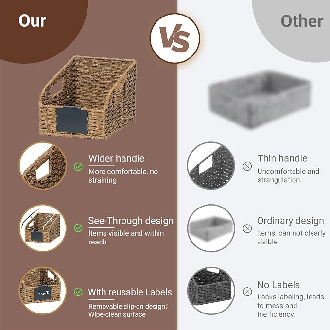 Pantry Organizers, Large Wicker Baskets for Shelves, Labeled Storage Baskets for Organizing with Handles - Paper Storage Bins for Shelves, 3 Pack, Brown