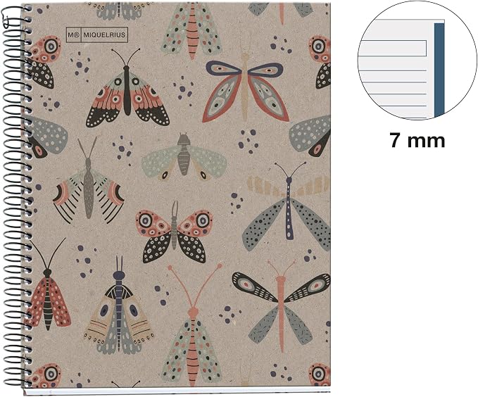 Miquelrius - A5 notebook, Horizontal ruled 7 mm, 80 g/m² recycled paper, 80 sheets of one colour, Recycled notebook, Spiral, Lined notebook, Eco Butterflies