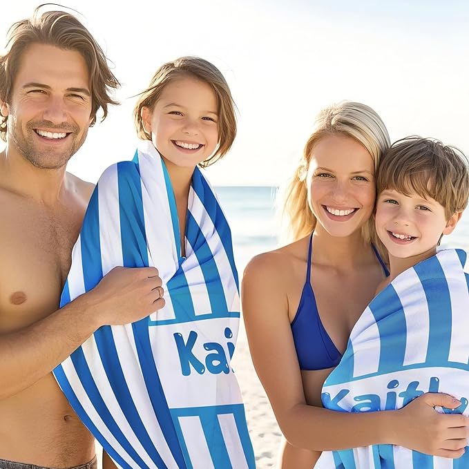 JML Personalized Beach Towel with Name, Custom Cabana Stripe Beach Towel, Customized Microfiber Pool Towel, Quick Dry & Absorbent Swim Towel for Adult,Mother's Day, Birthday, Summer Holiday,Vacation