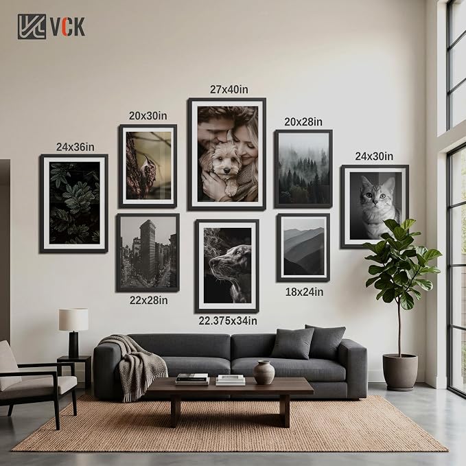 VCK 22.375x34 Poster Frame Black - 4 Pack, Gallery-Quality Wood Picture Frames, 1.1-Inch Wide Border, Polished Plexiglass, Vertical or Horizontal Wall