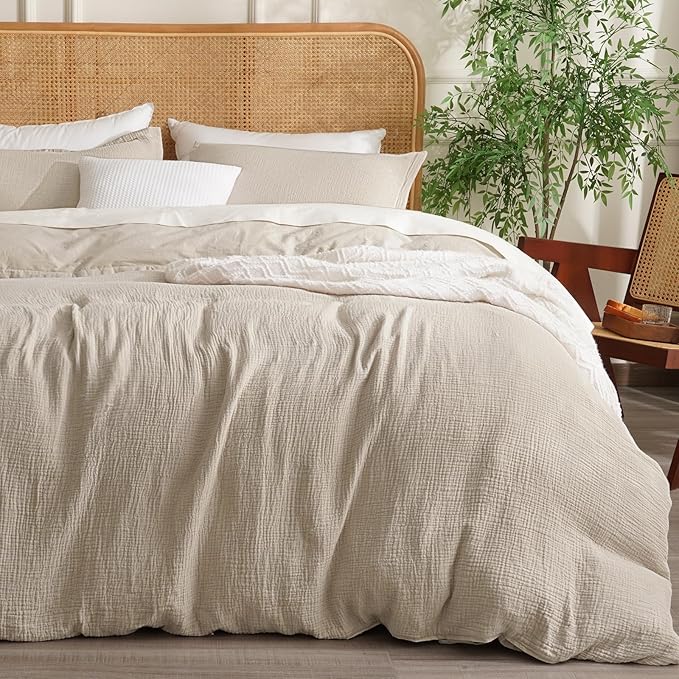 David's Home 100% Cotton Muslin Duvet Cover Set Twin Size,2 Pcs Ultra Soft Breathable & Lightweight Gauze Bedding Set with 1 Pillowcase,Textured Home Decor with Button, 68"×90" Natural,No Insert