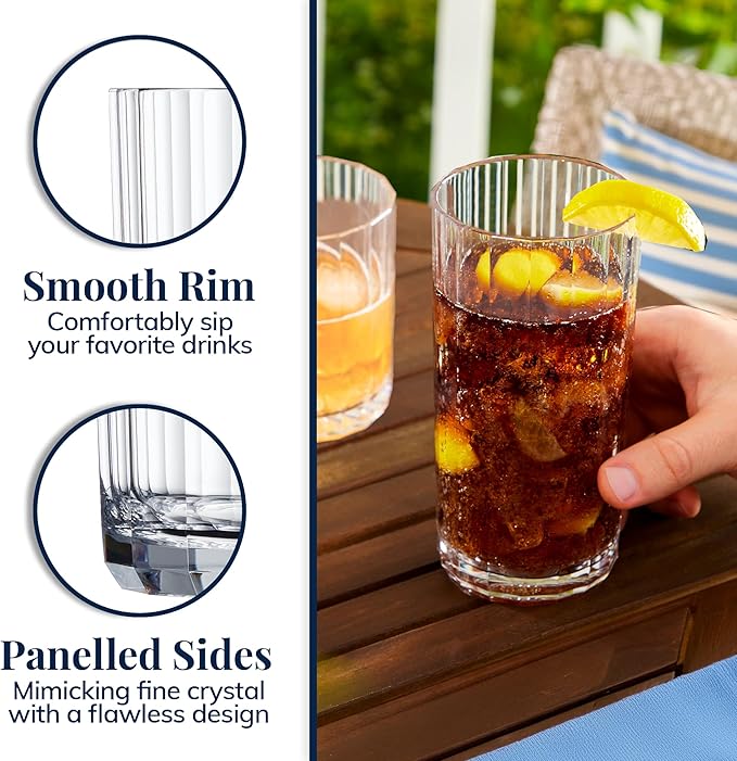 US Acrylic Faceted Clear Plastic Reusable Drinking Glasses Set of 8, 14oz Rocks and 18oz Water Tumblers, BPA-Free, Made in USA, Top-Rack Dishwasher Safe
