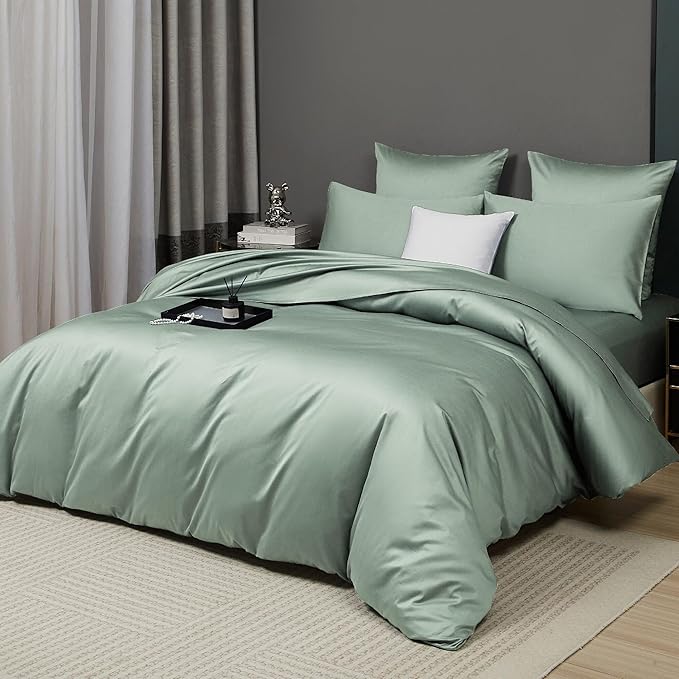 Sage Green Cotton Duvet Cover Set Twin 100% Long-Staple Cotton Sateen Bedding Set, Soft Breathable Smooth Organic Pure Cotton Plain Comforter Cover, Luxury Minimalist Bedroom Decor for All Season