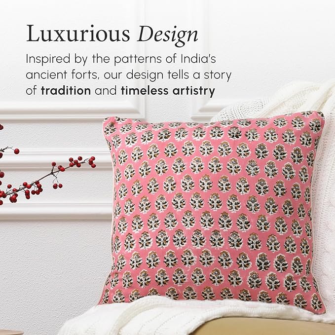 CPC 100% Cotton Throw Pillow Covers 20x20 Inch, Set of 2 Green Block Print Pattern Couch Pillow, Cute Boho Decorative Pillows for Living Room, Bedroom with Hidden Zipper- Poppy Pink