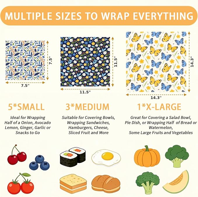 Reusable Beeswax Wrap, 9 Pack Eco-Friendly Beeswax Wraps For Food, Organic, Sustainable, Biodegradable, Zero Waste, Plastic-Free Food Storage, 1XL, 3M, 5S (Butterfly, Floral & Leaves)
