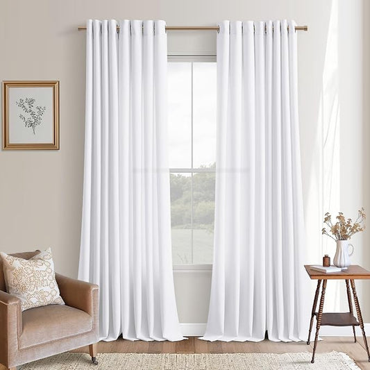 Grommet 102 Inches Long White Curtain Panels for Living Room Linen Drapes Semi Privacy Modern Farmhouse Linen Curtains 102 Inch Length Curtains for Bedroom Large Window Sliding Glass Door Set of 2