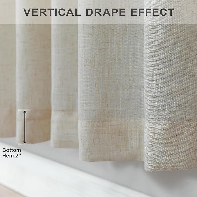 Pitalk Beige Sheer Curtains 80 Inch Length for Living Room 2 Panel Back Tab Rod Pocket Neutral Rustic Modern Farmhouse Semi Privacy Flax Linen Drape Pleated Curtain for Bedroom Wide 52x80 Long Curtain