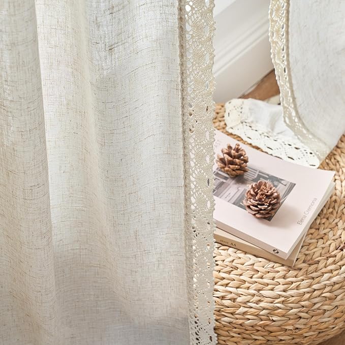 jinchan Linen Curtains for Living Room Bedroom Light Filtering Semi Sheer Curtains Boho Farmhouse French Country Cottage Core Decor Window Drapes Back Tab 63 Inch Length Laced Beige