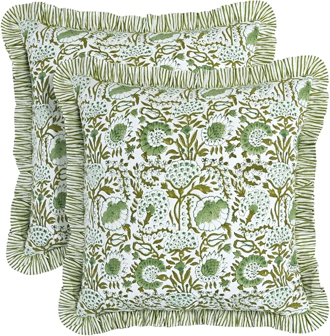 CPC Block Print Ruffle Throw Cover Agate Green 24"x24" Inch Pack of 2-100% Cotton Ruffle Couch Decorative Boho Pillows Case for Living Room, Bedroom, Sofa, Farmhouse Gift for Spring, Mother's Day