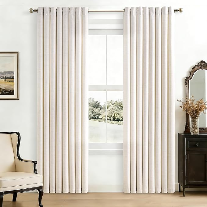 84 Inch Length 2 Panels Set Natural Linen Curtains Ivory Cream Colored Light Filtering Semi Sheer Grommet Drapes Thick Linen Privacy Non-See-Through Curtain for Living Room 52x84
