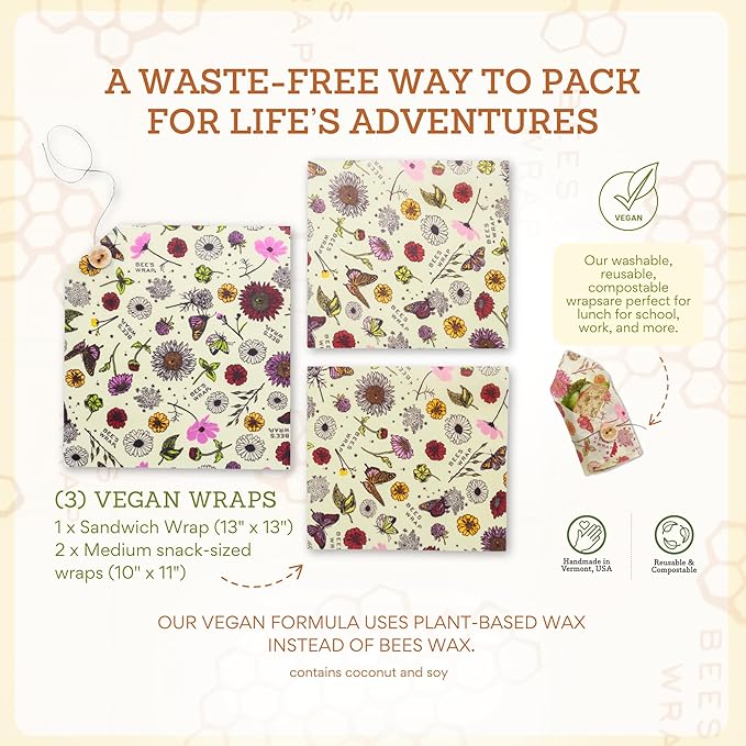 Bee's Wrap Vegan Beeswax Wraps for Food - 3 Pack of Assorted Beeswax Wraps - 2 Medium & Sandwich Wrap - Plastic Free Made in USA Reusable Natural Food Wrap - Meadow Magic