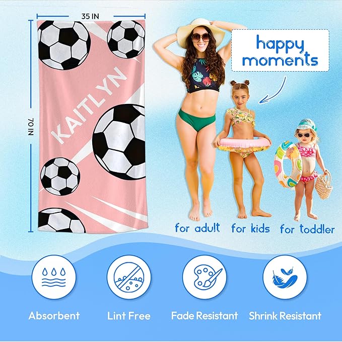 Personalized Beach Towel With Name, Custom Beach Towel with Text, Customized Football Microfiber Pool Towel, Quick Dry & Absorbent Swim Towel for Adult,Anniversary, Birthday, Summer Holiday,Vacation