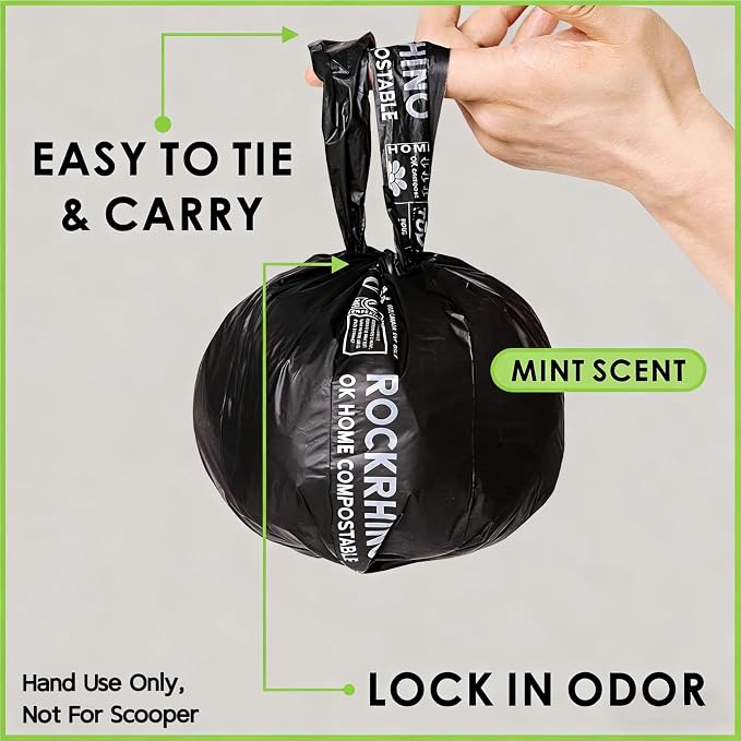 Ultra Thick RockRhino Dog Poop Bags - Claw Machine Style Pickup with Multi-Layer Bottom, ECO Heavy Duty, 0% Plastic, 100% Home Compostable, Mint-Scented, Easy Open Tie Handles, Glove Fit - 210 Bags