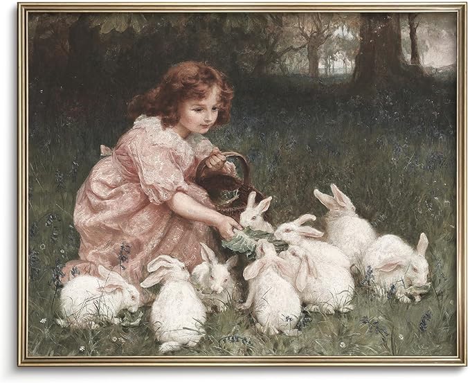 Vodefoad Little Girl Feeding Bunnies Painting Art Vintage Easter Antique Rabbit Oil Painting and Child Wall Art Girl in Field With Rabbits for Nursery Gril Bedroom Gallery Bathroom Office Decor - 8x10Inch Unframe