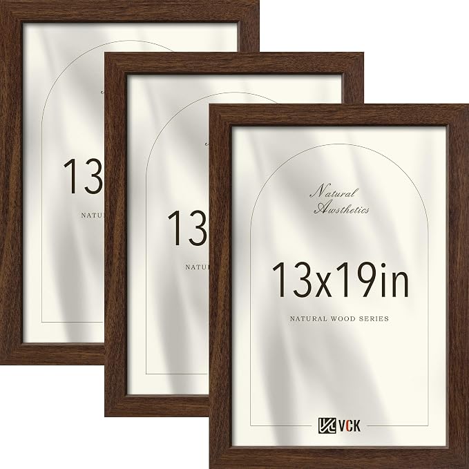 VCK 13x19 Picture Frame 3 Pack - Brown Solid Wood Poster Frames, Textured Exclusive Wood Wall Gallery Frame