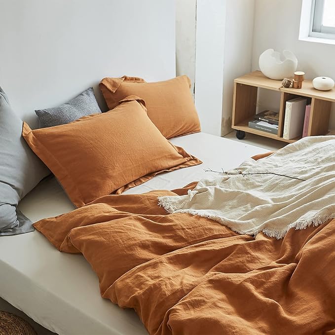 100% French Linen Pillow Shams Basic Style - Pack of 2 - Washed Solid Color Natural Flax Soft Breathable - Rust, 20'' x 26''