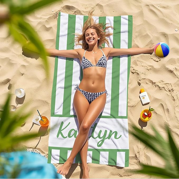 JML Personalized Beach Towel with Name, Custom Cabana Stripe Beach Towel, Customized Microfiber Pool Towel, Quick Dry & Absorbent Swim Towel for Adult,Anniversary, Birthday, Summer Holiday,Vacation